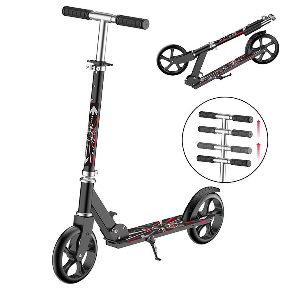 Image of 1 Set Black Adjustable Height Folding Scooter, Single Foot Brake Dual Wheel Reinforced Adult Commuter Scooter, Portable Foldable Scooter For Urban Daily