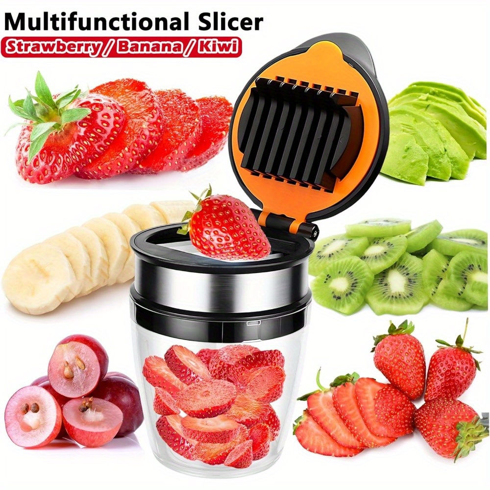 4 in 1 portable folding kitchen slicing tool strawberry pitter slicer with egg splitter 3 second safe cuts plastic silicone anti slip pad for camping picnics home use picnic accessories foldable design durable kitchen gadget Product details 1