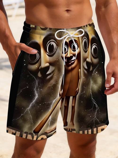 mens fashionable beach shorts mixed colors styles polyester material surreal waving a stick dark background fashionable and quirky beach and vacations inspired trendy summer swimwear