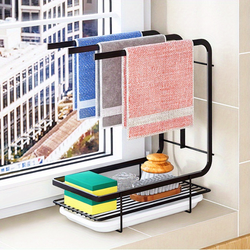 TEMU A Single Unit Of A No-drill Kitchen Towel Rack - Wall-mounted Or Countertop Sink Storage Rack, With A Water-catching Tray And Sponge Steel