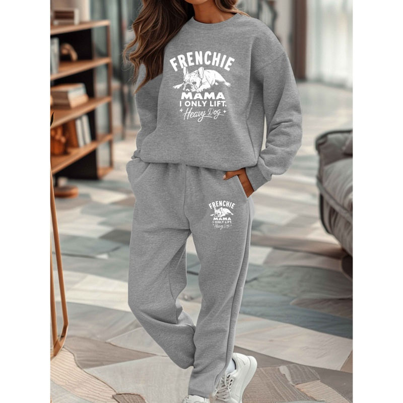 

1set Frenchie French Bulldog Print Women's Casual Sweatshirt And Sweatpants Set, Polyester Knit Fabric, Crew Neck, Geometric Pattern, Fall/winter Loungewear