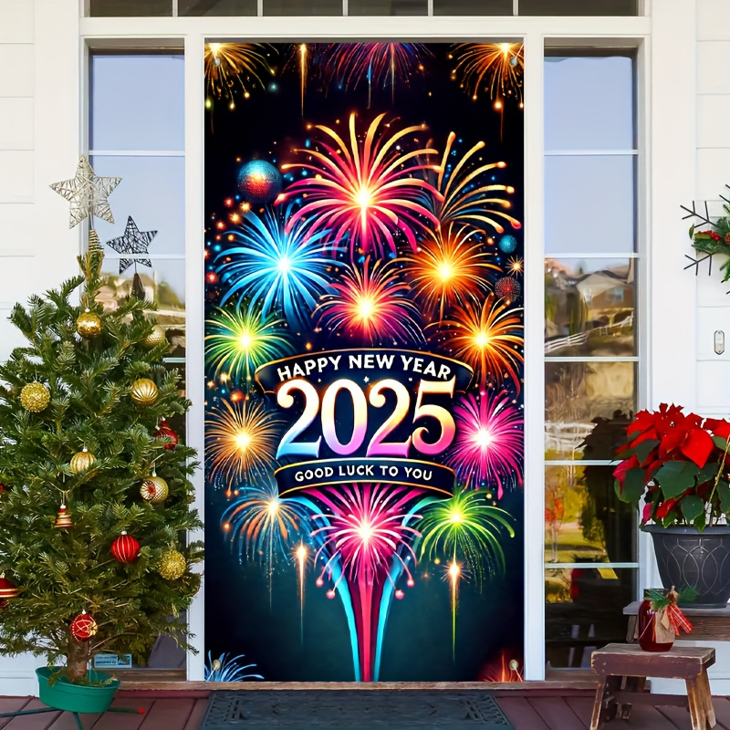 

Happy New Year 2025 Door Width-polyester Fireworks Design, Multi-functional Festival Wall Decorations, Decoration For Families And Parties, No Power Supply, 70.87 X35.43 Inches