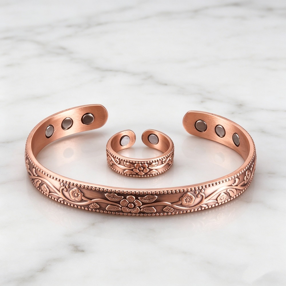 TEMU Conjunto de pulsera y anillo con relieve floral de vid de estilo retro, con superficie completa en relieve, adecuado para reuniones casuales,