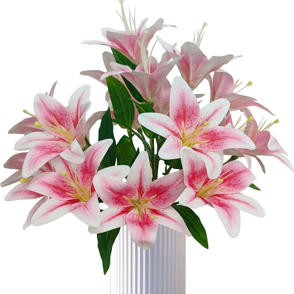 Image of 2 Bunches Artificial Lilies With 9 & 3 Buds - Realistic Gradient Pink/white Wedding Bouquet, Stems For Diy Flower Arrangements, Home/party/hotel Decor, Plastic Lilies (no Maintenance/easy Clean)