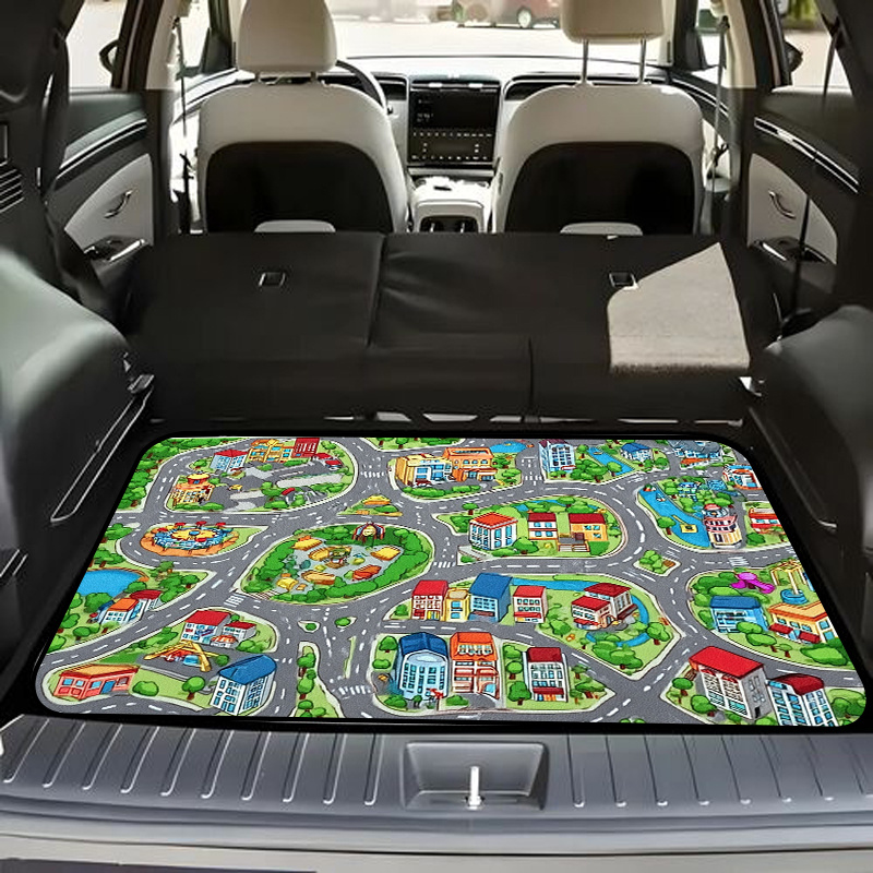 E-shop eine trendige Kofferraummatte mit farbenfrohem Stadtplan-Design mit verschiedenen Gebäuden, Straßen, Bäumen und Spielplätzen. Hergestellt aus