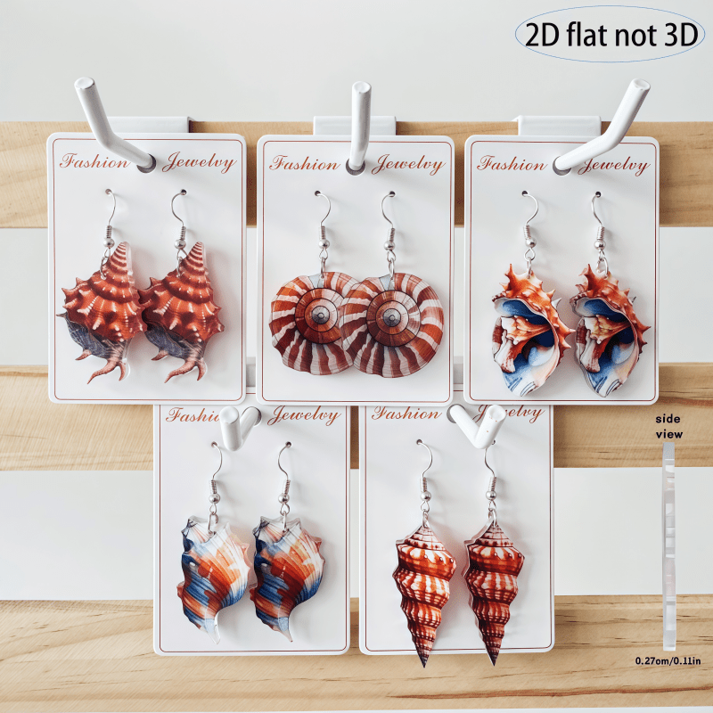 TEMU 2d Flat, 2d Flat - 5 Pairs Of Ocean-themed Acrylic Colored Conch And Scallop Pendant Earrings, Bohemian Women's Summer Beach Holiday Earrings,