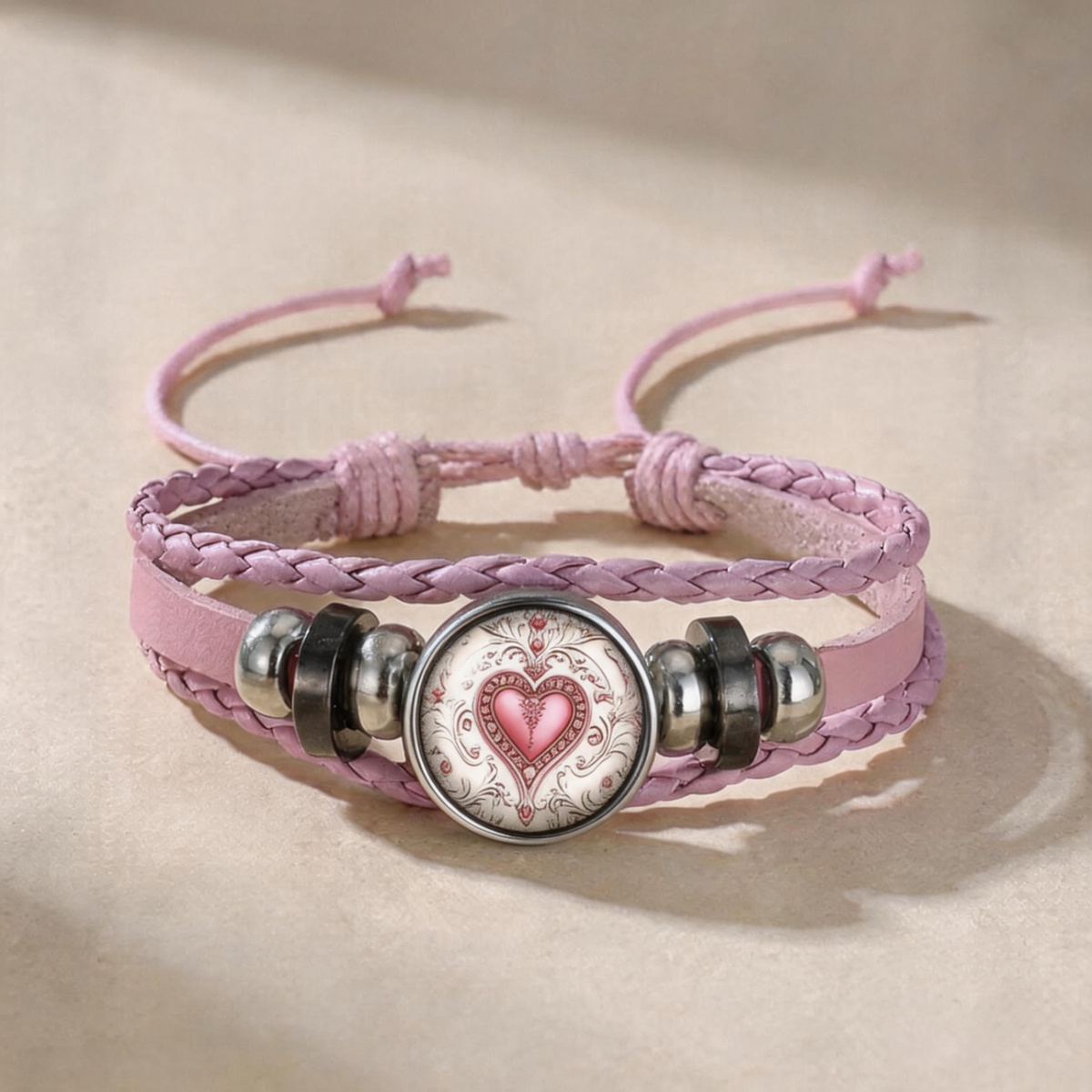 TEMU Bracelet tressé en similicuir disponible en deux couleurs avec cabochon à imprimé floral et cœur vintage, bijou de mode hypoallergénique et