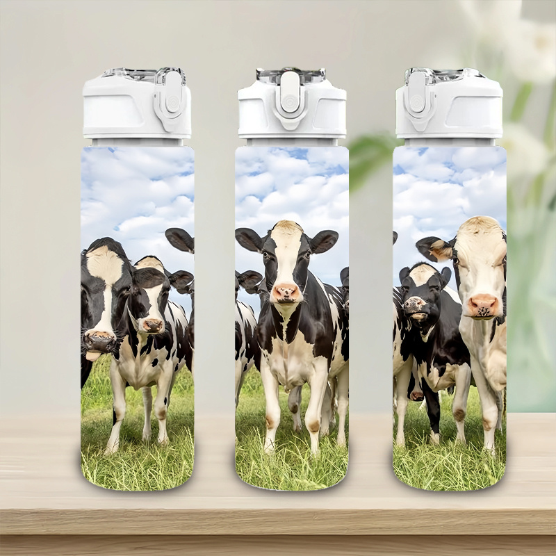 TEMU Bouteille d' en plastique 1 pièce, 750 ml/26 oz, motif troupeau de vaches noires et blanches, prairie et , impression mignonne, étanche avec