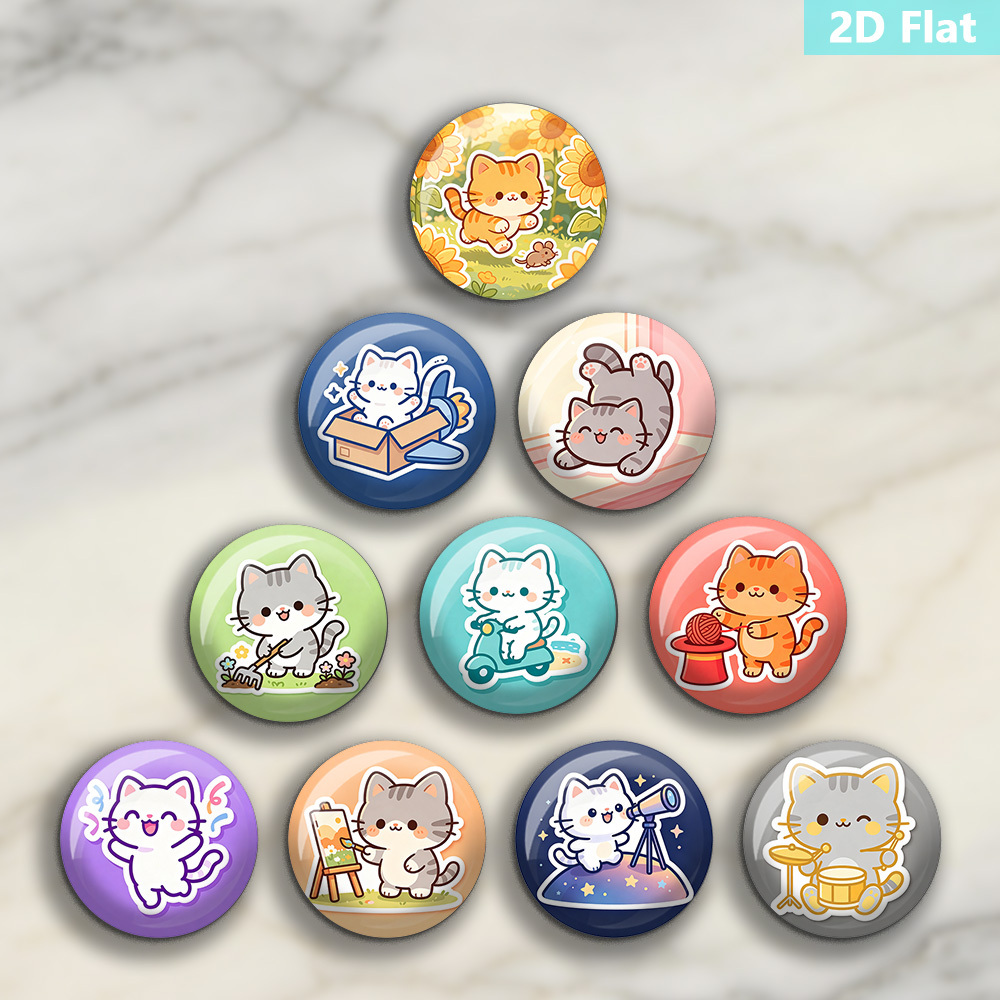 10pcs 2d flat round cute kittens pattern crystal glass fridge magnets magnetic stickers     suitable for kitchen refrigerator whiteboard cabinet gift for cat lovers home decoration