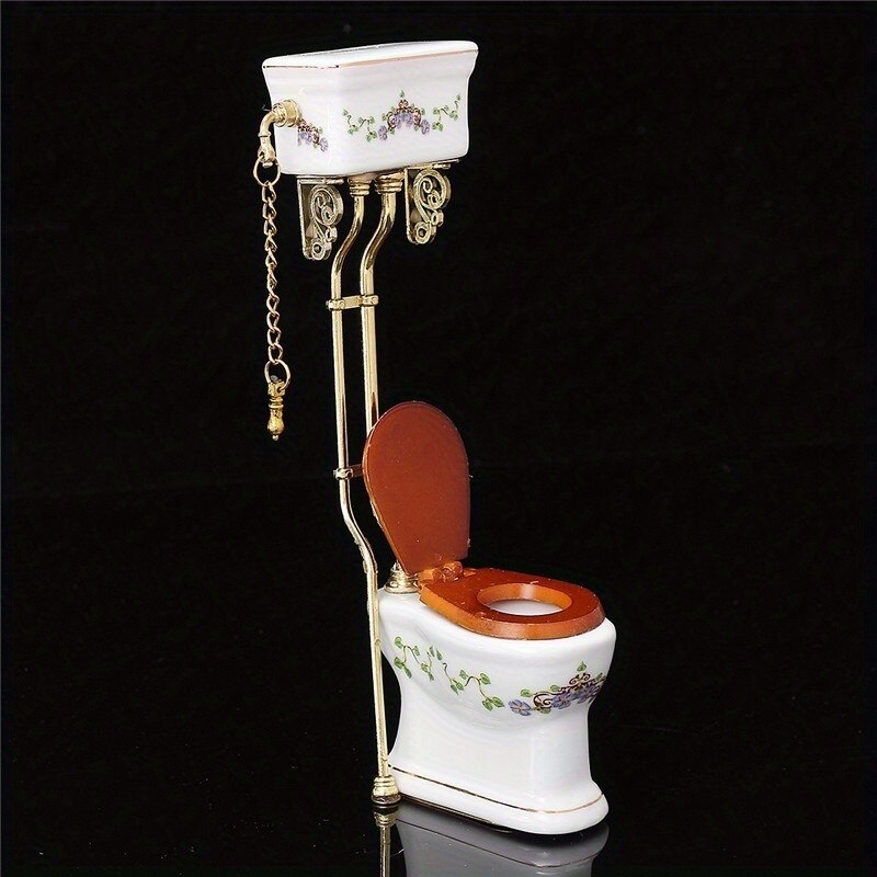 TEMU 1:12 Scale Miniature Bathroom Toilet - Elegant Vintage-like Dollhouse Closestool With Chains, Compatible With Dollhouse Kits, Collectible Decor