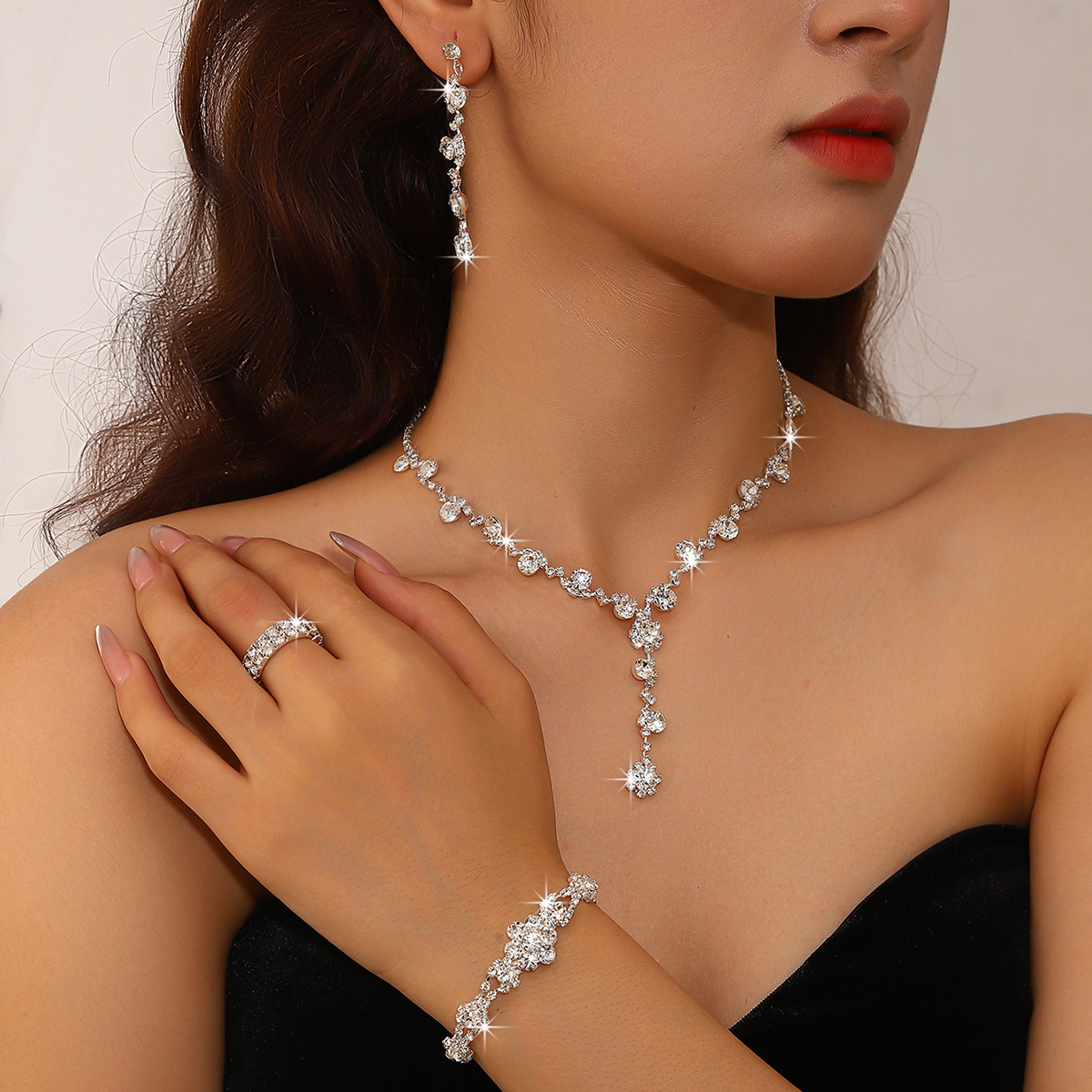 4pcs Jewelry Set with Silvery * Floral Pendants, Long Drop Earrings, Y-Shaped Clavicle Chain, Full * Bracelet And Ring, Matching Bridal Jewelry for Wedding Banquet Dresses image 4