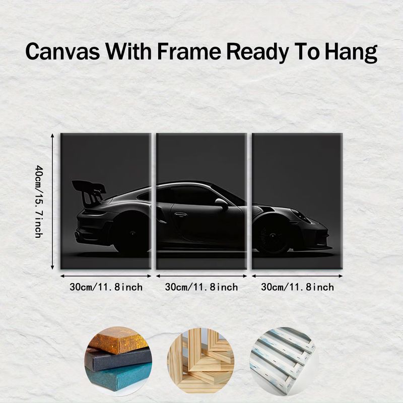 TEMU 2d Flat, 2d/flat 3pcs Wrapped Wood Frame Canvas Art Set, Black High-performance Sports Car Triptych, Minimalist Dark- Design Suitable For Living
