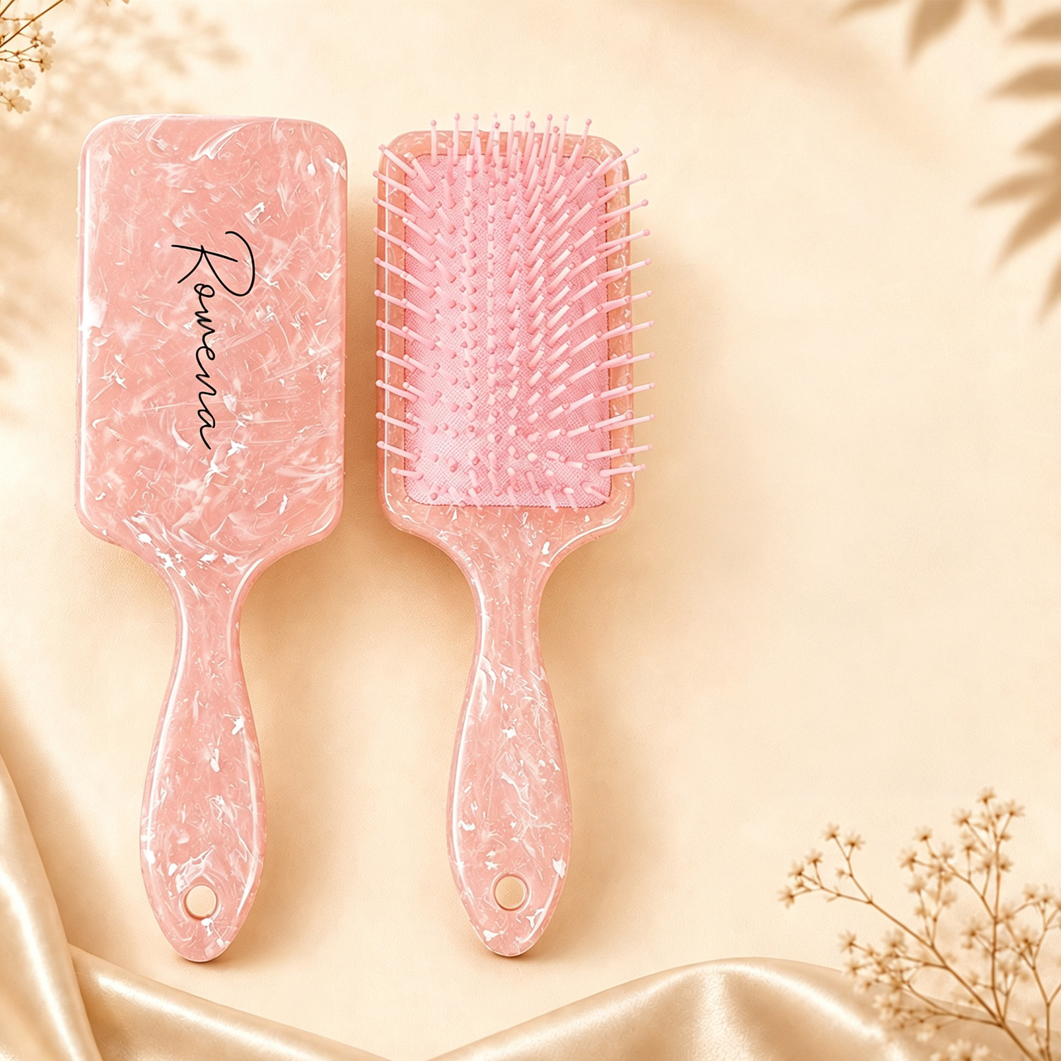 TEMU 1pc Personalized Air Cushion Hair Brush, Large Square Anti- Scalp Massage Comb, Unisex, Pink, Yellow, And Gray Marble Design, Travel Hair Care