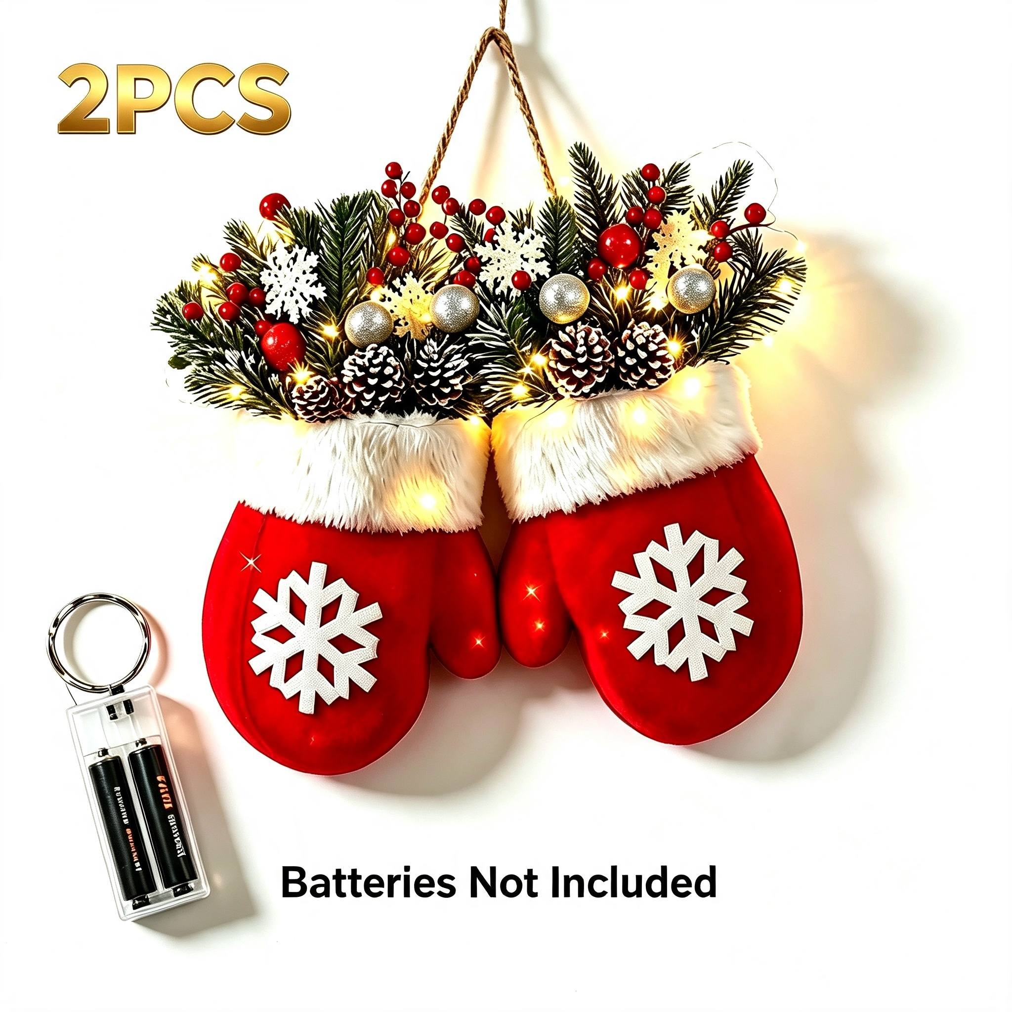 TEMU 2pcs Set Of Sparkling Christmas Wreath With Led Lights, Front Door Christmas Wreath Decorated With Artificial Pine Branches, Red Berries, And