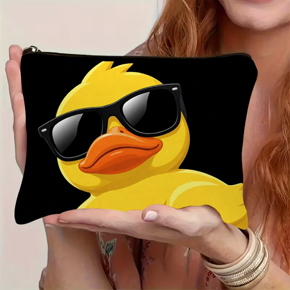 TEMU 1pc 2d Flat Printed Cool Cartoon Fashion Glasses Wearing Yellow Duck Pattern Cosmetic Bag, With Smooth Zipper Closure, Lightweight And Durable