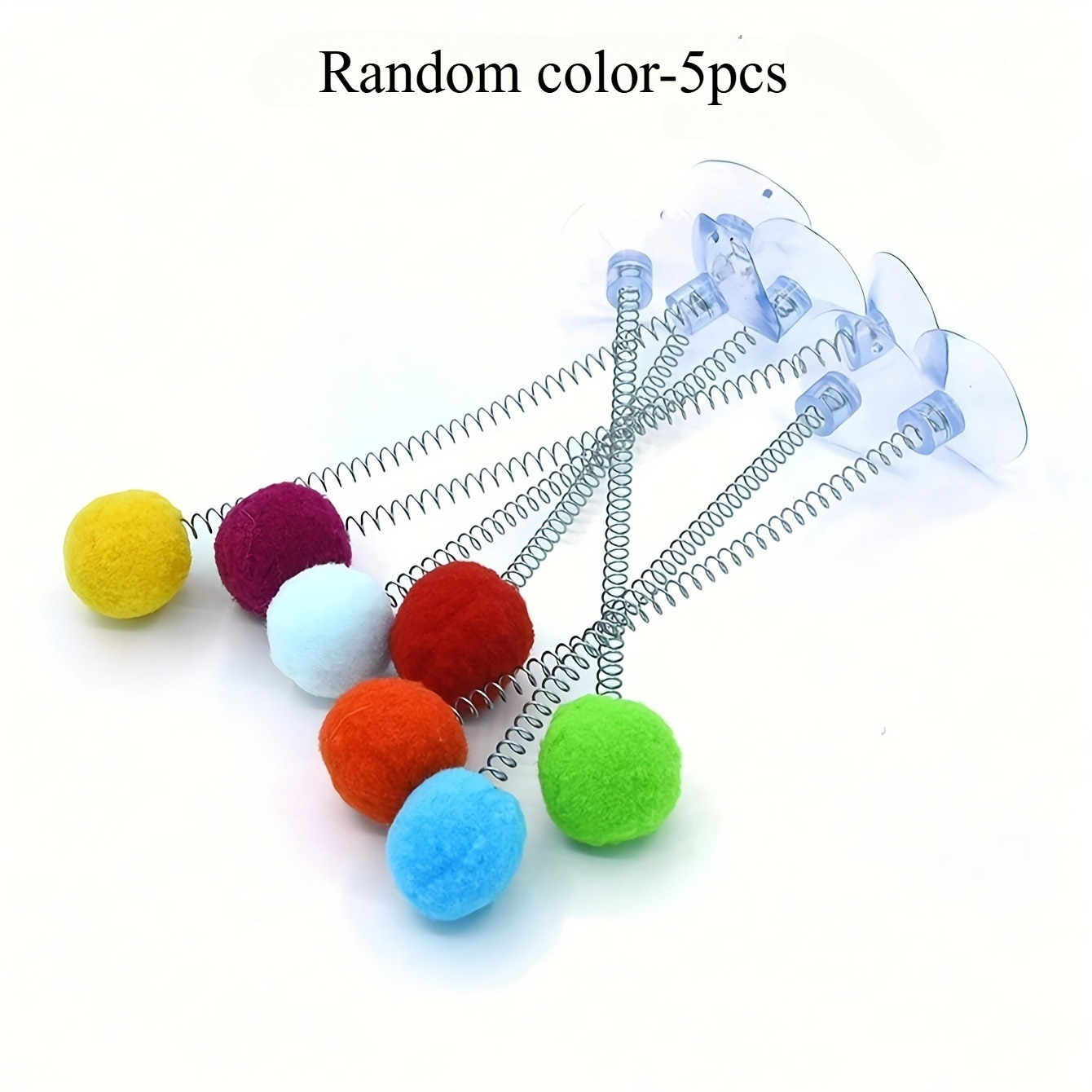 TEMU 5 stuks Willekeurige Kleur Interactief Kattenspeelgoed met Pluizige Ballen, Metalen Veer Kattenspeelgoedstok en Zuignap Basis - Diverse Kleuren,