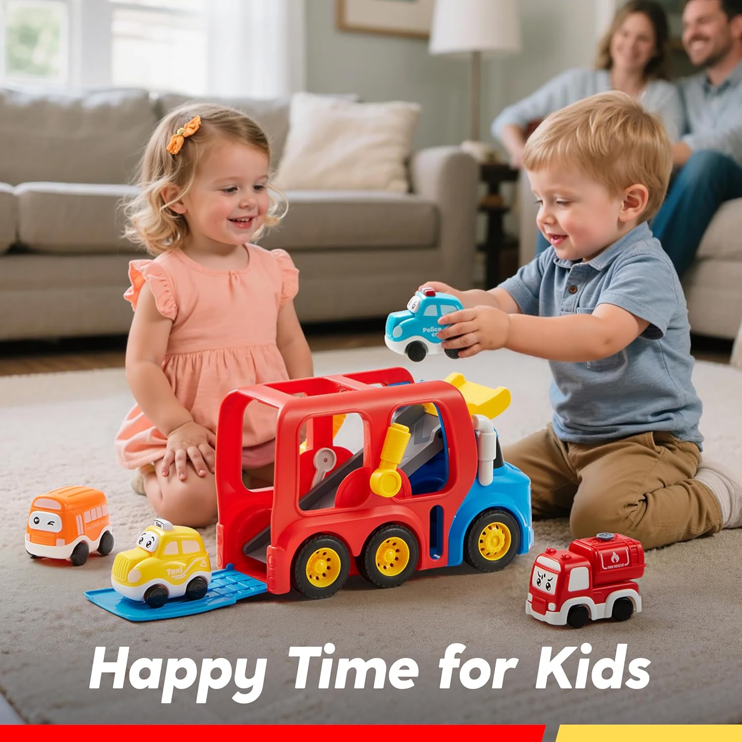 TEMU 5 Pack Truck Toys For Toddlers Age 18m+, Carrier Transport Trucks For Boy And Girl, 4 Pack Car Toys Including School Bus, Taxi, Fire Engine And