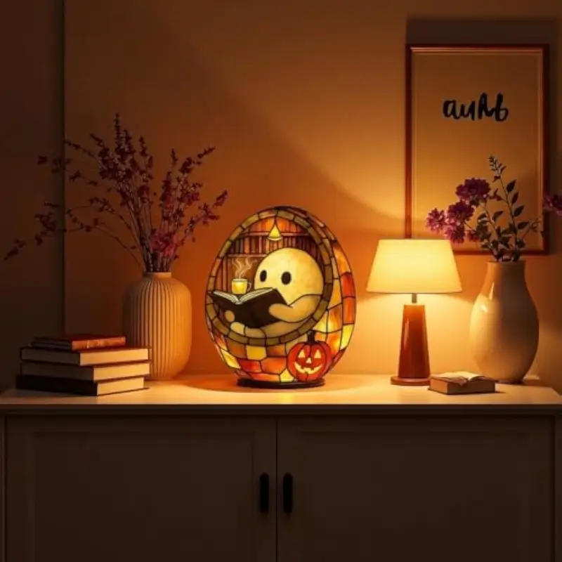 cute reading bubble night light halloween decoration with book lantern battery free tabletop shelf fireplace decor spooky for home parties gifts durable resin construction indoor outdoor use halloween party centerpiece or year round decoration shelf accent piece design detailed sculpture decorative lamp Product details 0