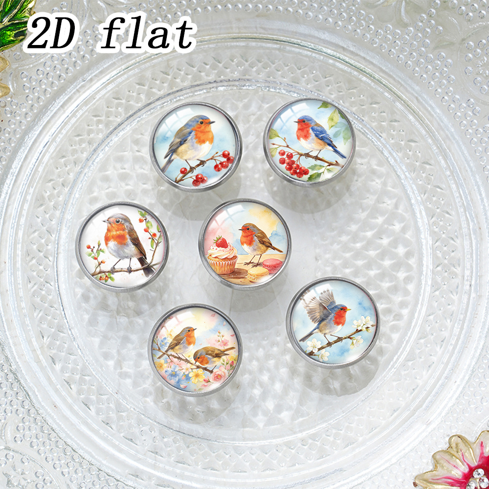 TEMU 6pcs Set Vintage Floral Robin Series Pattern Glass Cabochon Lapel Pins With Stainless , 2d Flat Design, Wedding Additions. Unisex Decorative