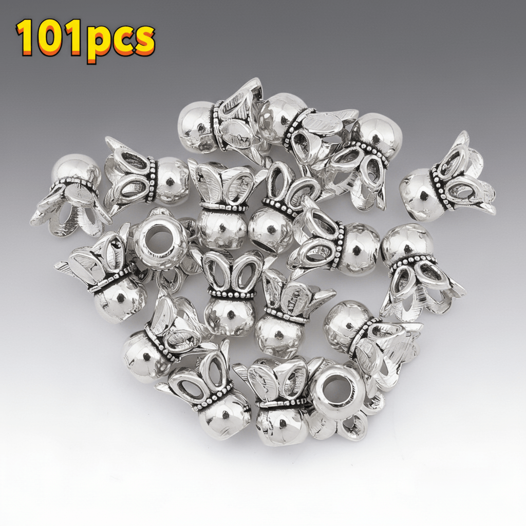 TEMU A Set Of 101 Tibetan Silvery Vintage Alloy Flower Beads And Spacer Beads, Along With Rainbow Pearl End Charms, Perfect For Your Own Bracelets,