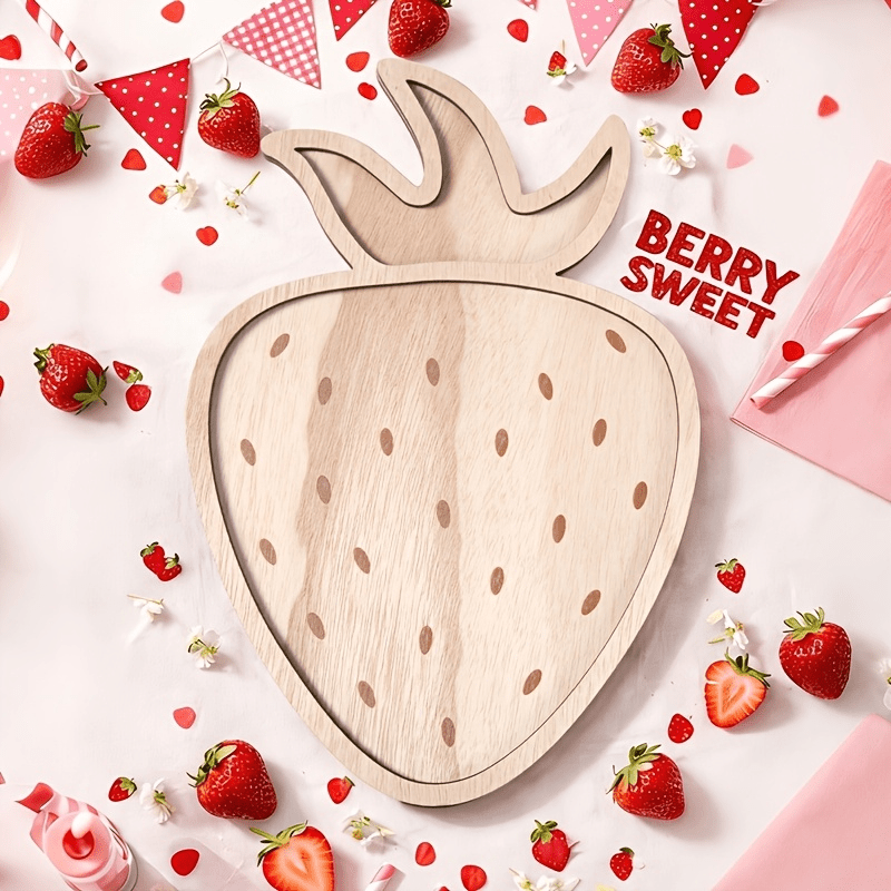 TEMU 1pc Strawberry-shaped Artificial Wood Tray - Cute Suitable For Birthday Wedding Easter Table Decor, Strawberry-themed Party Decoration With For