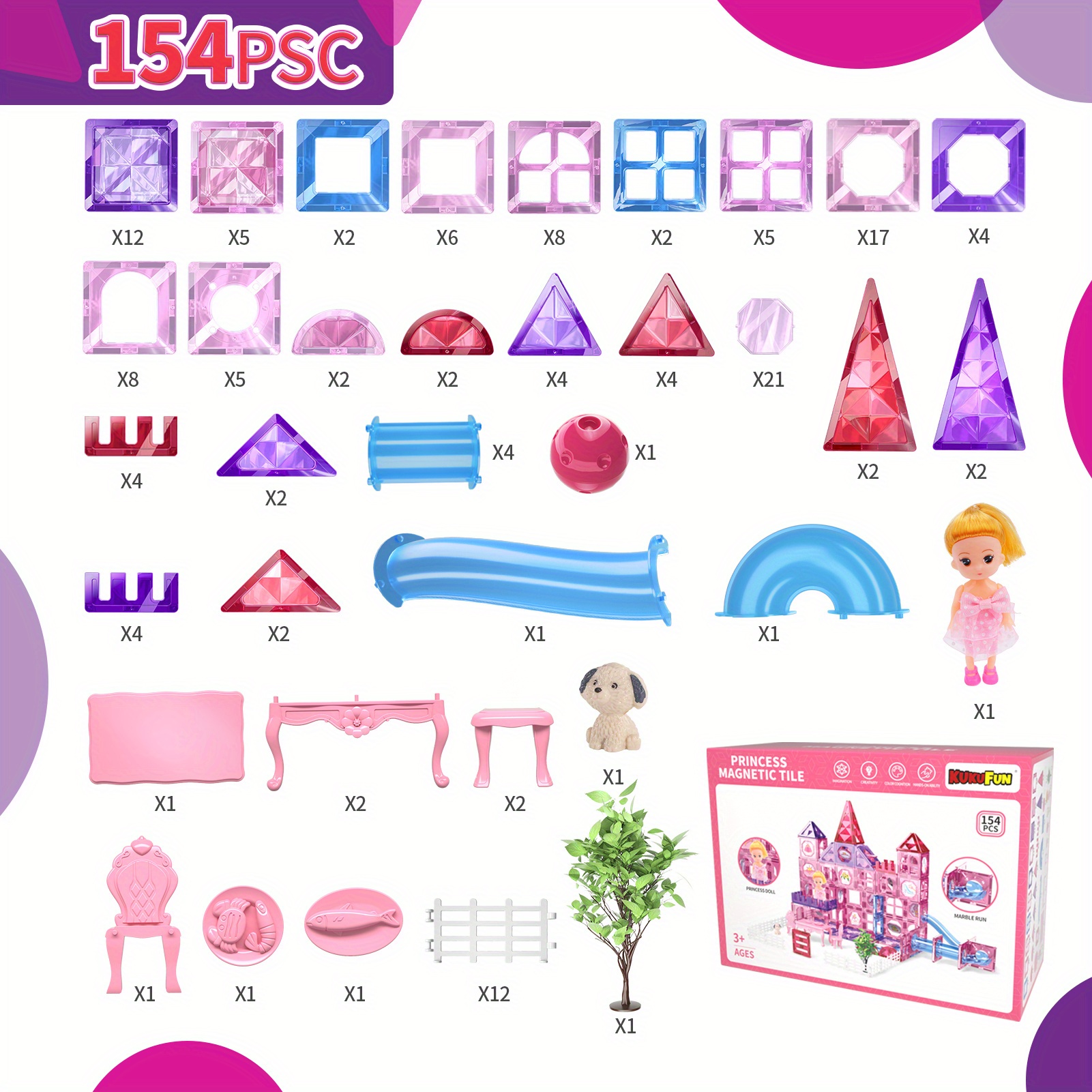 TEMU 54/111/154pcs Magnetic Building Tiles With Dolls Toys For Kids, Girls Building Educational Stem Toys For Kids