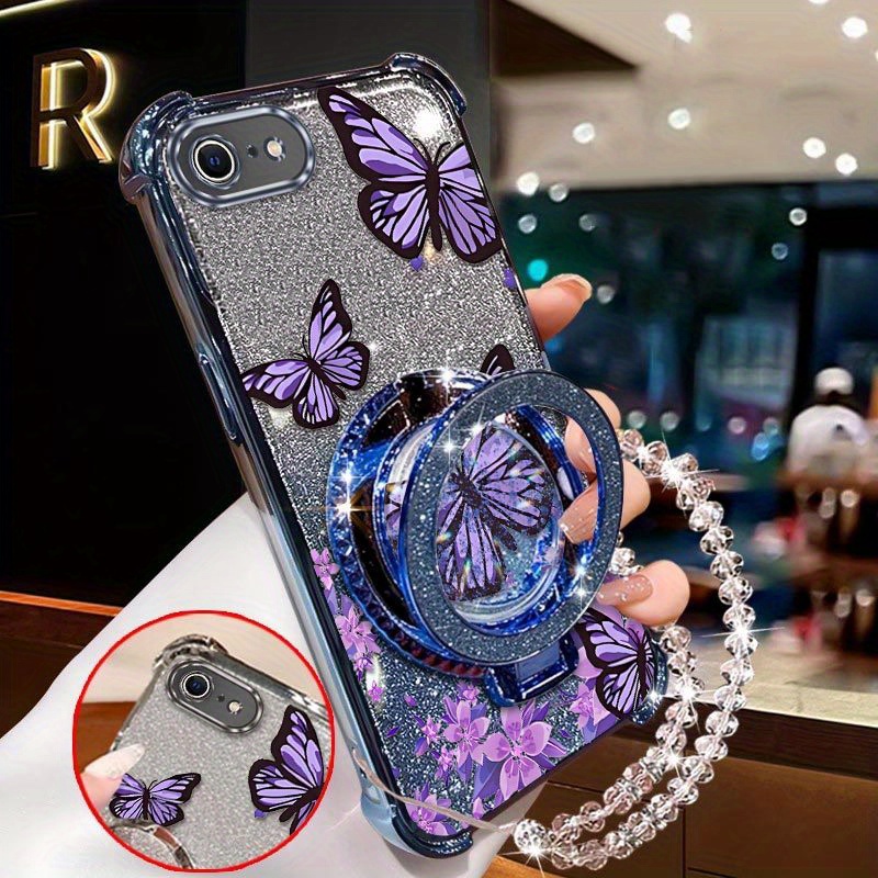 TEMU Phone Case - A Trendy Purple Cartoon Design Featuring A Round Stand And A Bead Lanyard. This Case Is Designed For The For Iphone Se (2022) And A