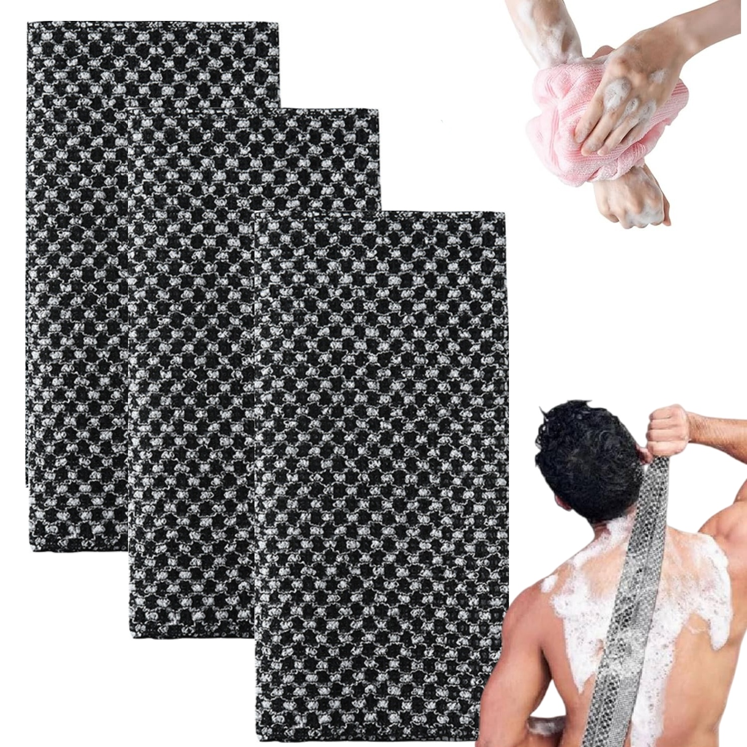 3pcs Shower Towel, Japanese Exfoliating Towel, Extra Long Exfoliating Shower Towel, Double-sided Exfoliating Washcloth, Japanese Back Scrubber, Exfoliating Body Scrubber For Men Women