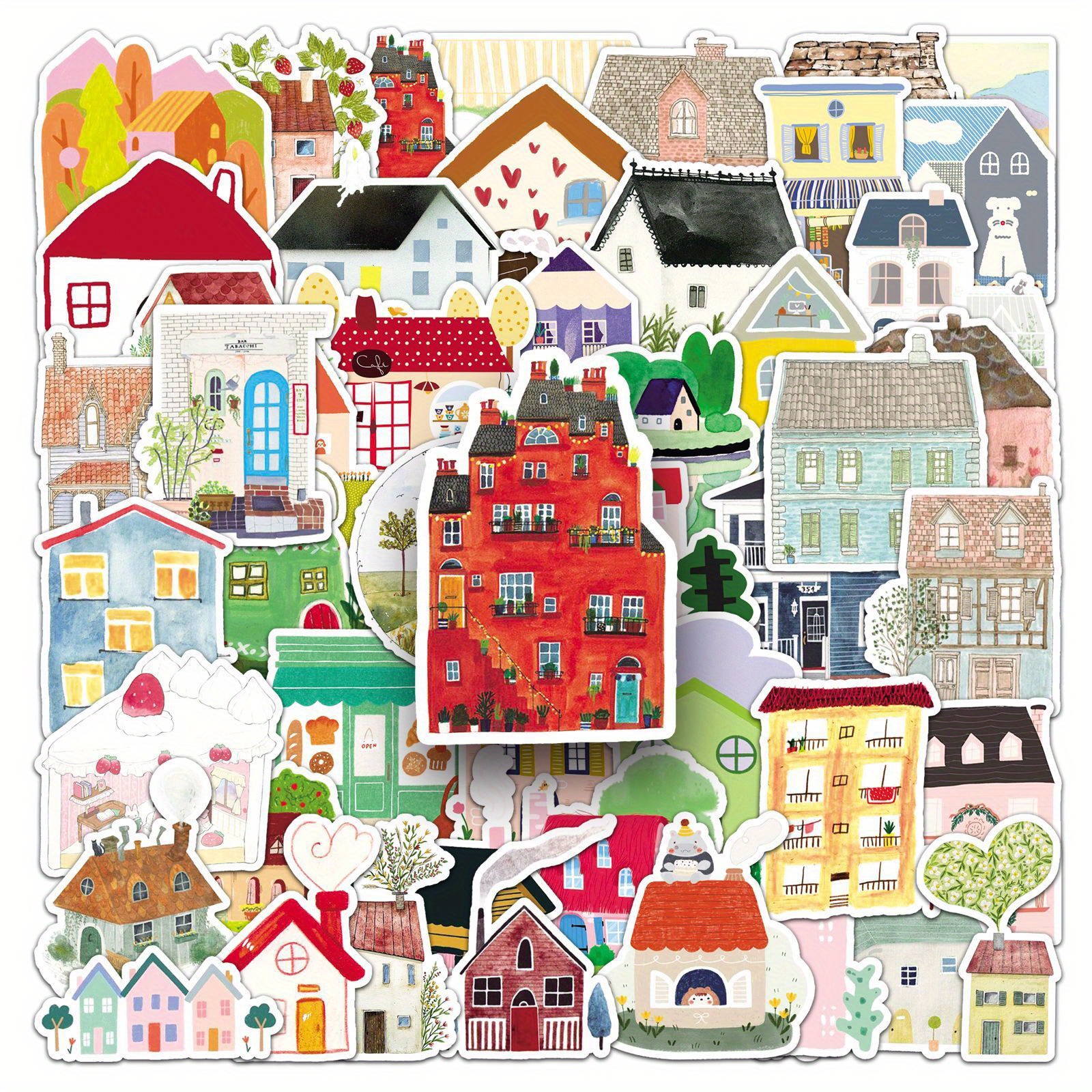50pcs Cacomve Hand-painted Fairy Tale Stickers - Cute House, Decals Suitable For Water Bottles, Journals, Scrapbooking - Irregular Shape Plastic (multicolor)