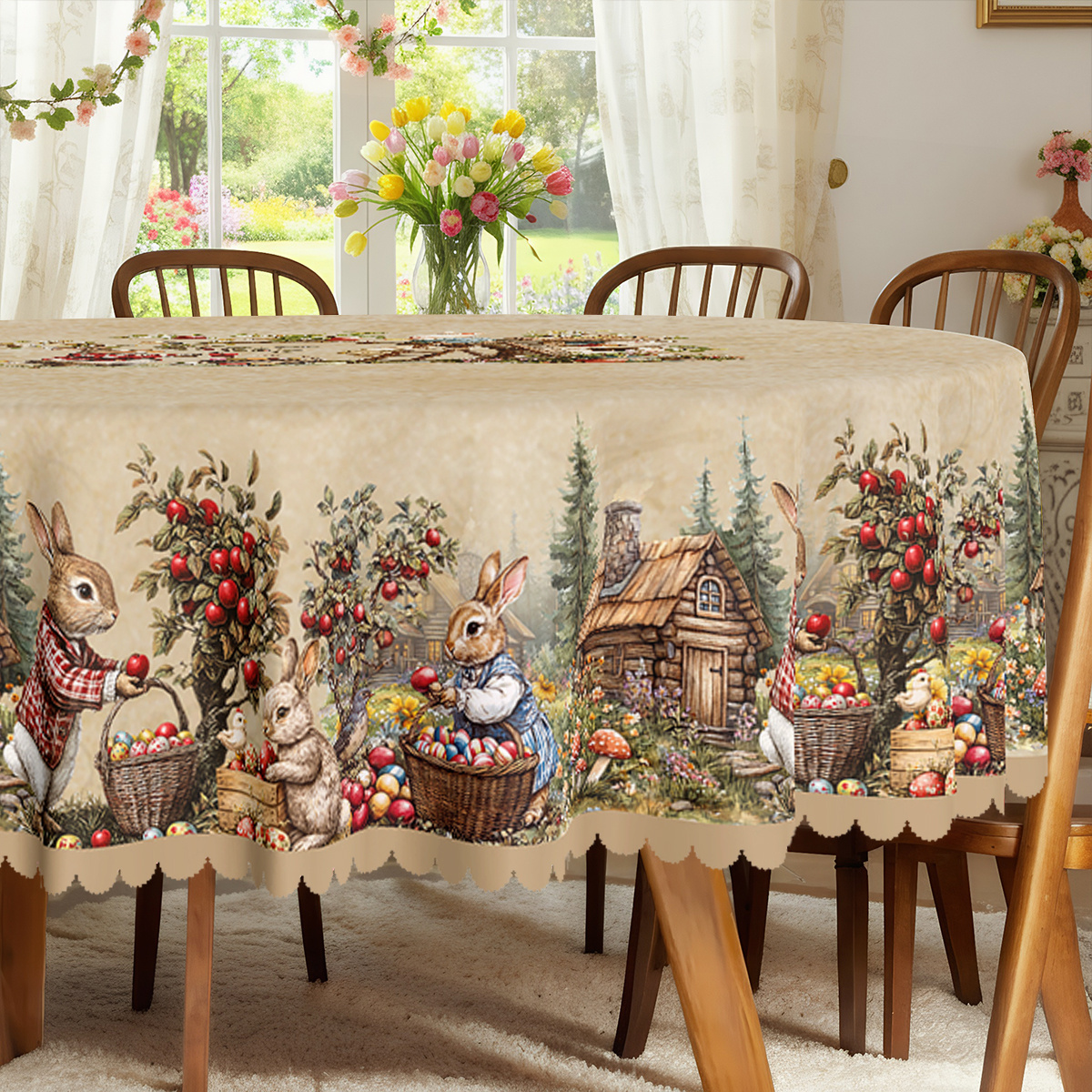 TEMU 1 pièce, Nappe de fête sur le thème de Pâques, Motif imprimé style avec lapin, pomme, hérisson, œufs colorés de printemps-été, Nappe