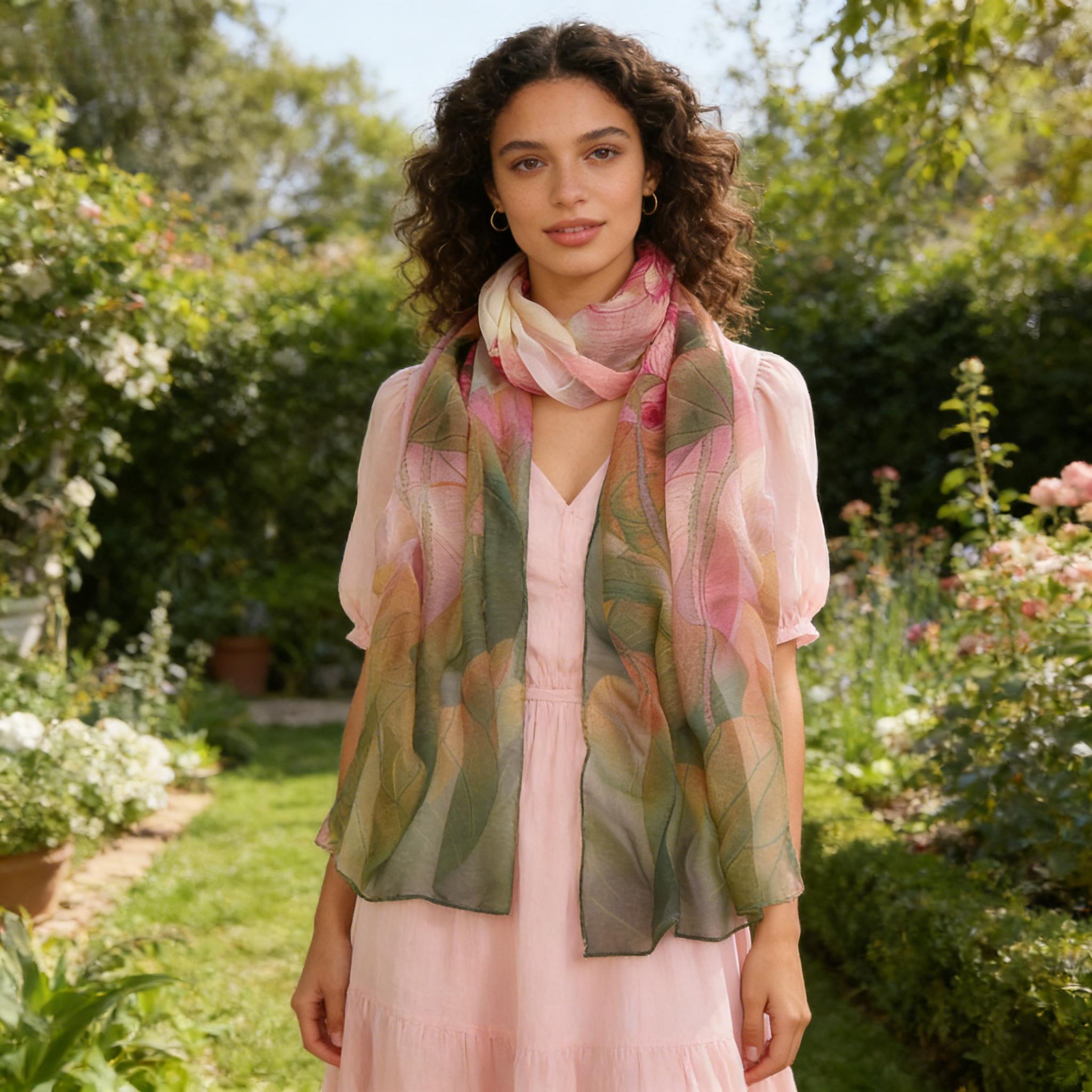 E-shop 1 Stück Damen 100% Maulbeerseiden Schal, Rosa Grün Farbverlauf Lotus Aquarell Druck Leichter Atmungsaktiver Schal, Hautfreundlich Elegante