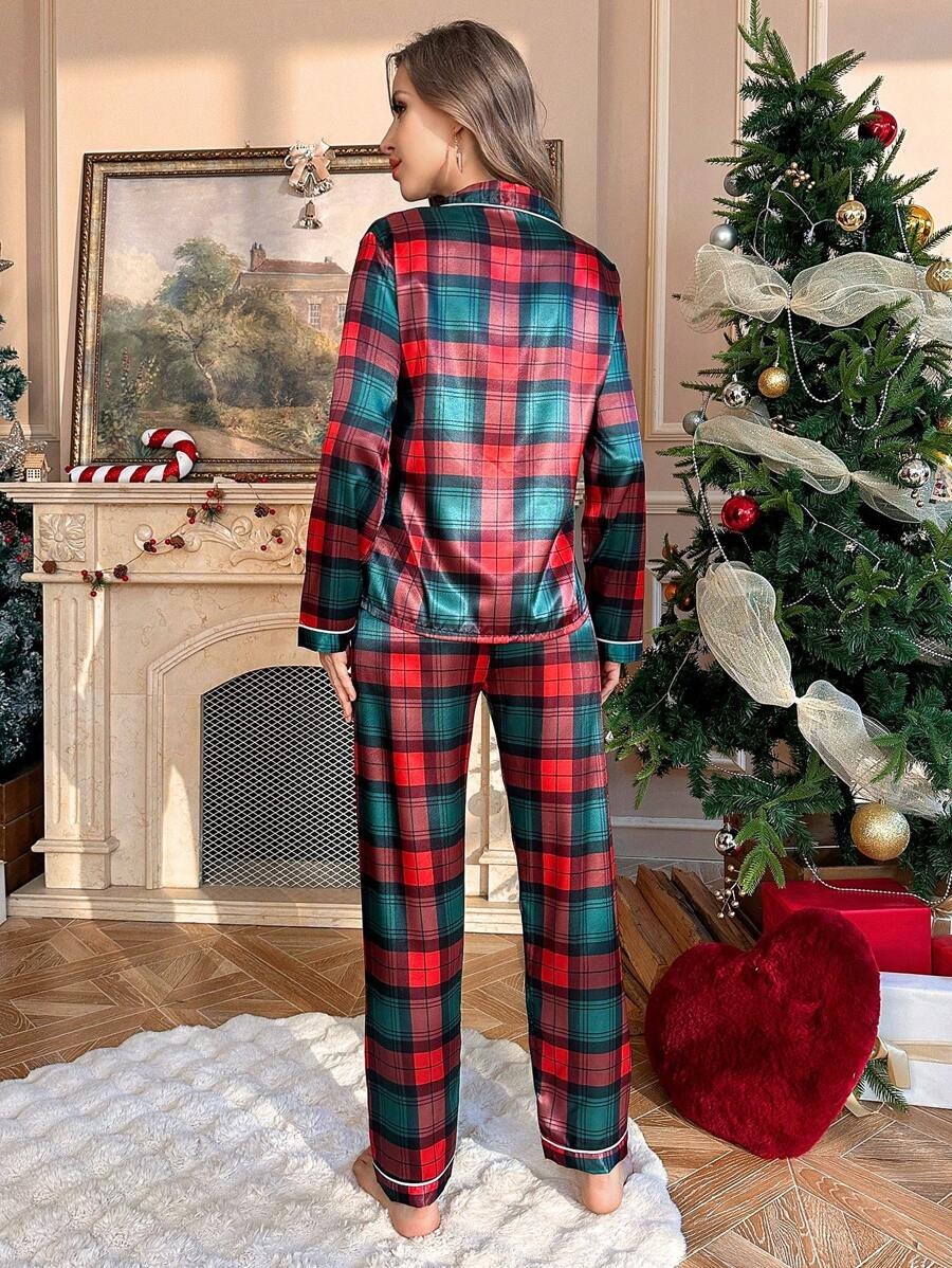 Women'S Cozy Red & Black Plaid Satin Pajama Set - Long Sleeve, Button-Up, Casual Winter Sleepwear with Festive Christmas Tree Design, Perfect for Holiday Relaxation, Holiday Relaxation Wear|Plaid Pattern|Satin Finish, Christma Pj Women, Christma Pj Set, Xma Pj Women, Pajama/night Wear/pj Set For Women