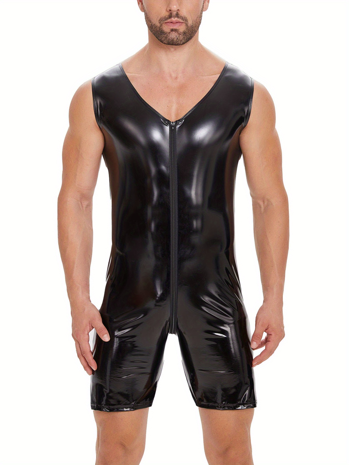 mens     bodycon jumpsuit sexy zipper fly loose   neck non stretch fabric     accurate sizing casual wear   zippered jumpsuit