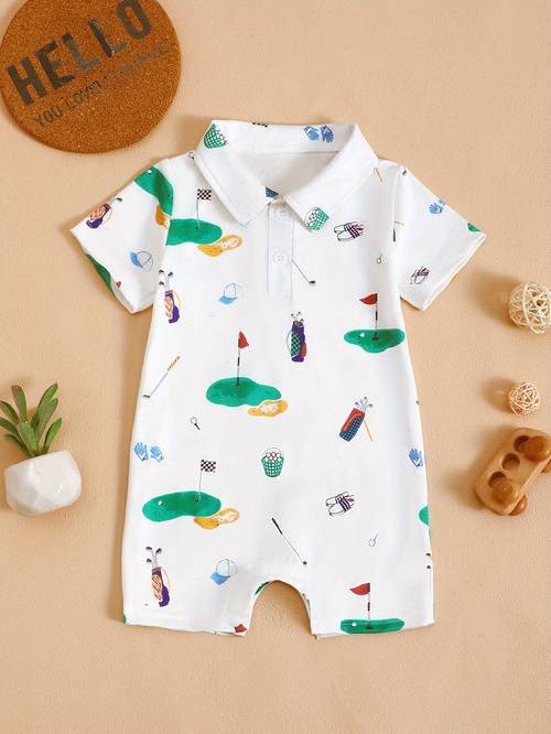 golf print short sleeve romper cute casual summer outfit for boys and girls polyester fabric with fun golf ball clubs and cup designs machine washable outdoor travel outdoor