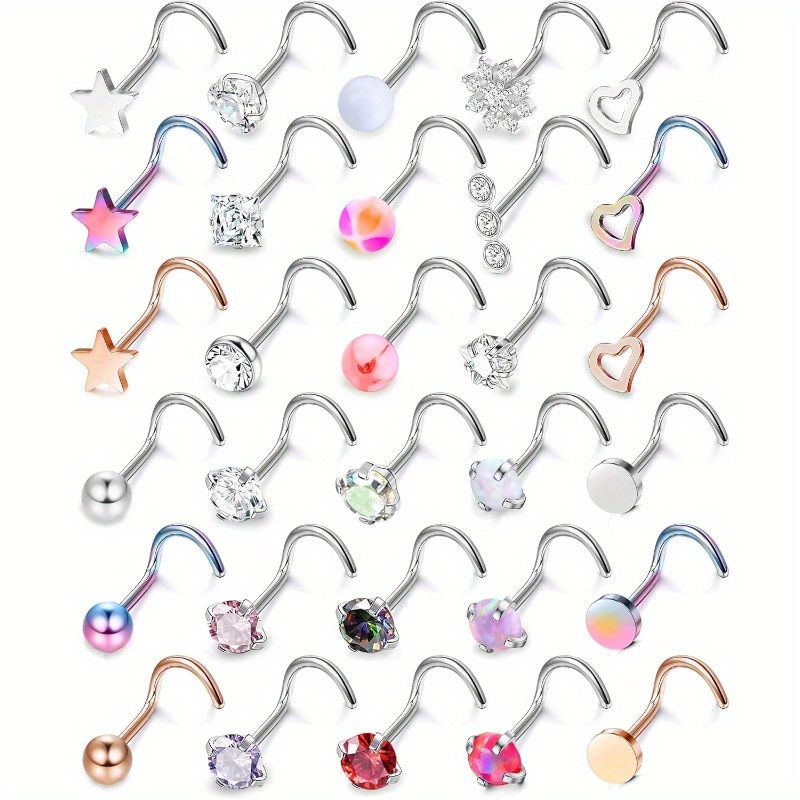TEMU 30pcs Nose Rings Studs For Women Men 316l Stainless Steel Nose Piercings Jewelry 18g 20g Straight L Shaped Corkscrew Nose Rings Cubic Zirconia