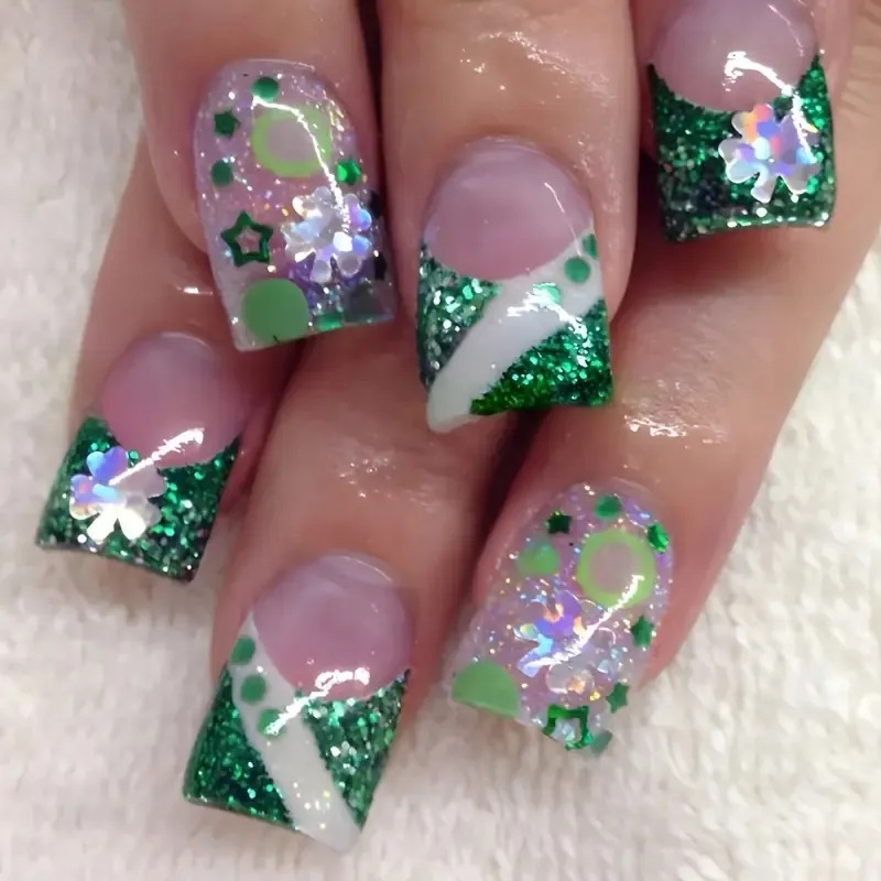 TEMU 48pcs Set Of Short Square Press-on Nails Featuring A Pink Base With Green Glitter Shamrocks. Reusable Fake Nails Have A Shimmering End, Are Easy
