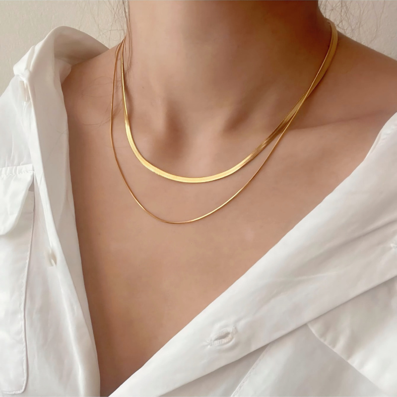 2pcs Snake Chain Herringbone Necklace Golden Women's Necklace