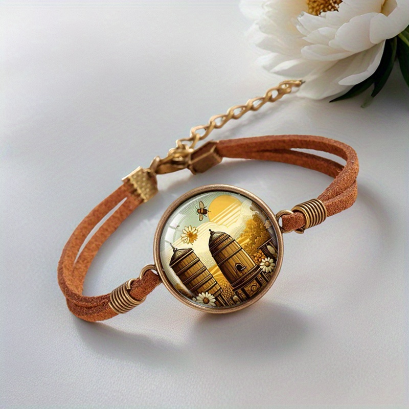 2pcs Bees and Honeycombs Handmade Glass Cabochon Bracelets