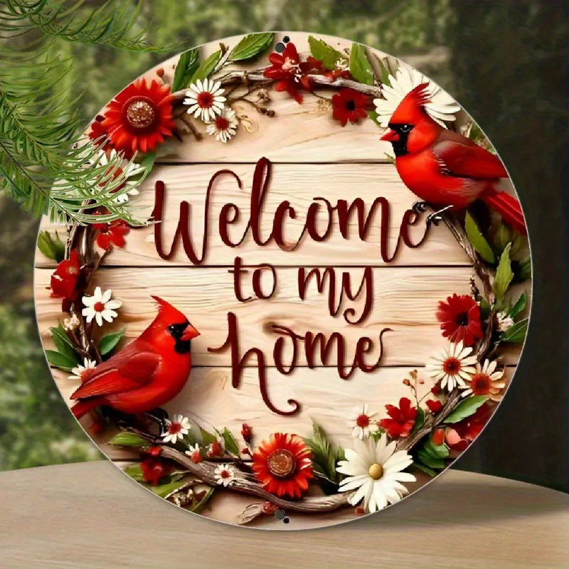 TEMU 2d Flat, Rustic Welcome To Wall Sign- 8x8 Inch Aluminum Round Decor With Vibrant Red & Floral Wreath For Porch, Garden, And Entryway, Entryway
