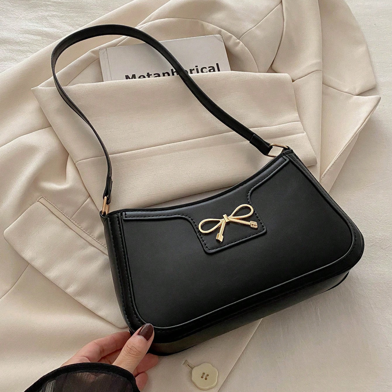 

Stylish Black Crescent Shoulder Bag For Women - Elegant Detail, Smooth, Solid Color Underarm Bag With Adjustable Strap