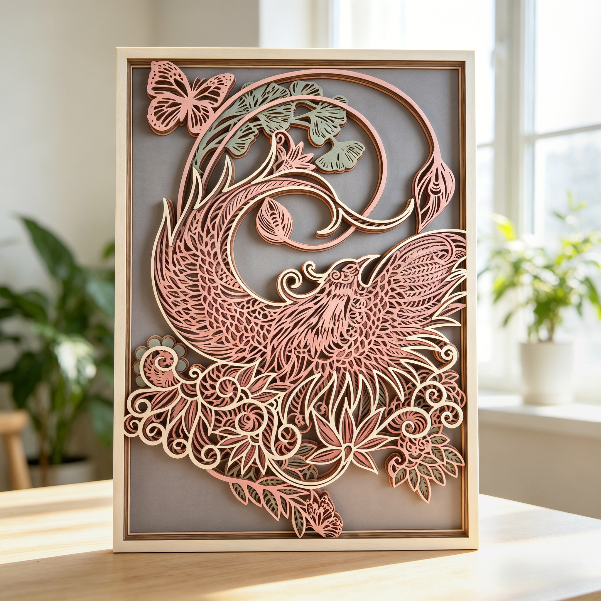 Image of 7-layer 3d Phoenix & Wood Wall Art, 16'x11.4' Laser Cut Floral Multilayer Wooden Wall Decor, Boho Mystical Wall Sculpture, Pink Pastel Wall Hanging For Living Room, Bedroom, Nursery & Boho Home