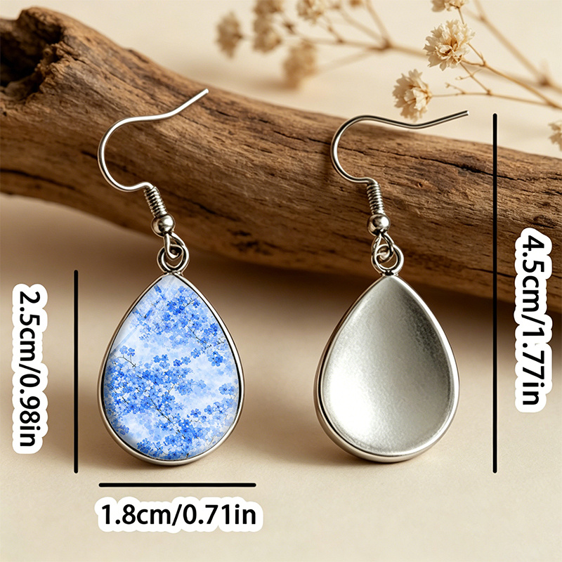 Light Blue Cherry Blossom Tear Drop Glass Cabochon Earrings