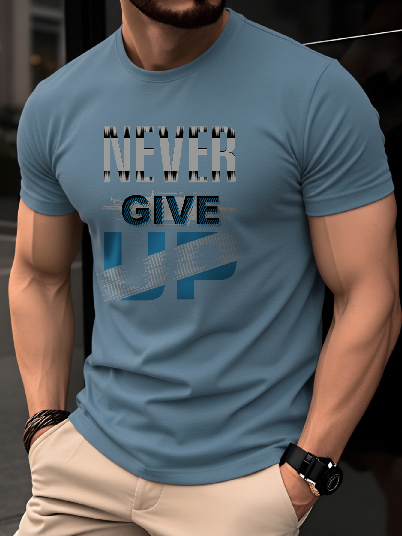 100% Cotton Men's T-Shirt, Summer Short Sleeve Thin Top, Trendy Fashion Slim Fit Youth Casual Versatile Daily Commute Sports Fitness NEVER GIVE UP English Print Letter Pattern