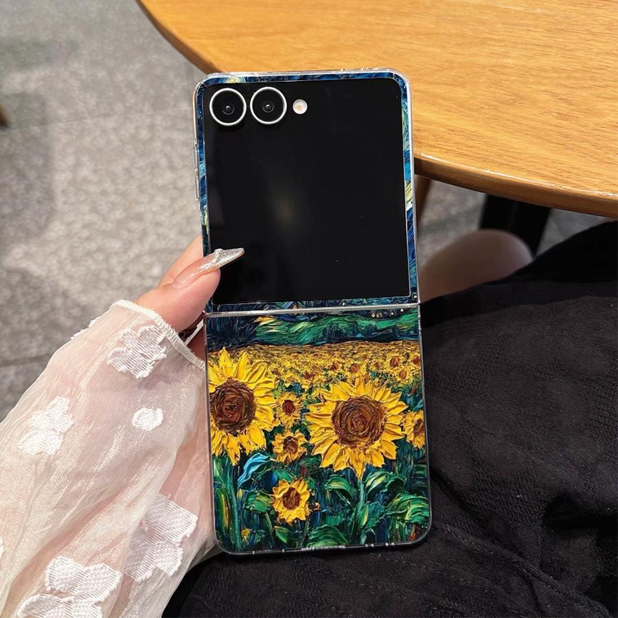 TEMU Phone Case: Phone Case Suitable For For Galaxy Z Flip 7 6 5g 5 4 3 Zflip6 Flip5 Flip4 Flip3 Cover Retro Sunflower Art
