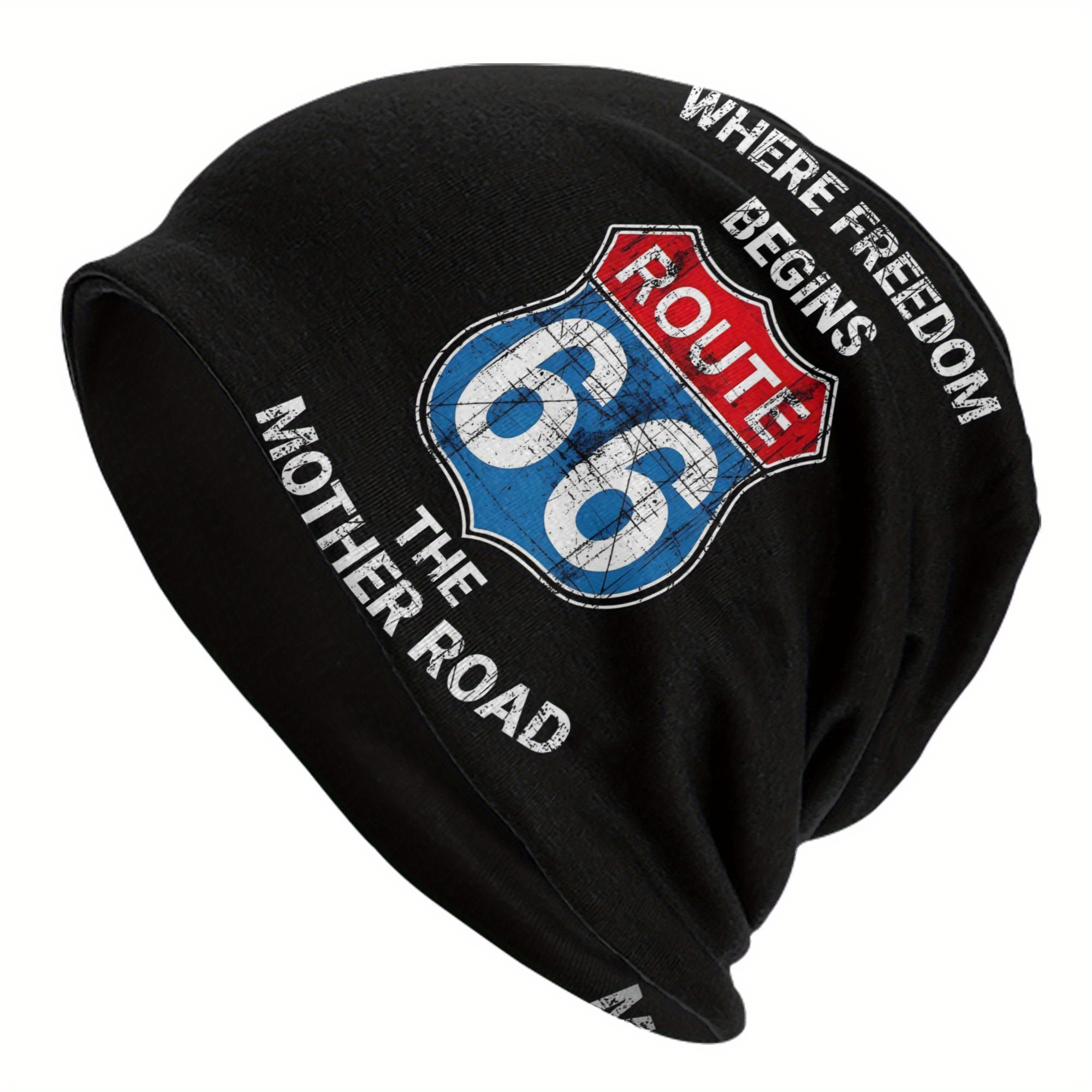 TEMU Biihudu Route 66 Graphic Skull Beanie Hat - Unisex Retro Americana Road Trip Design Winter Warm With Vintage License Plate & Mother Road