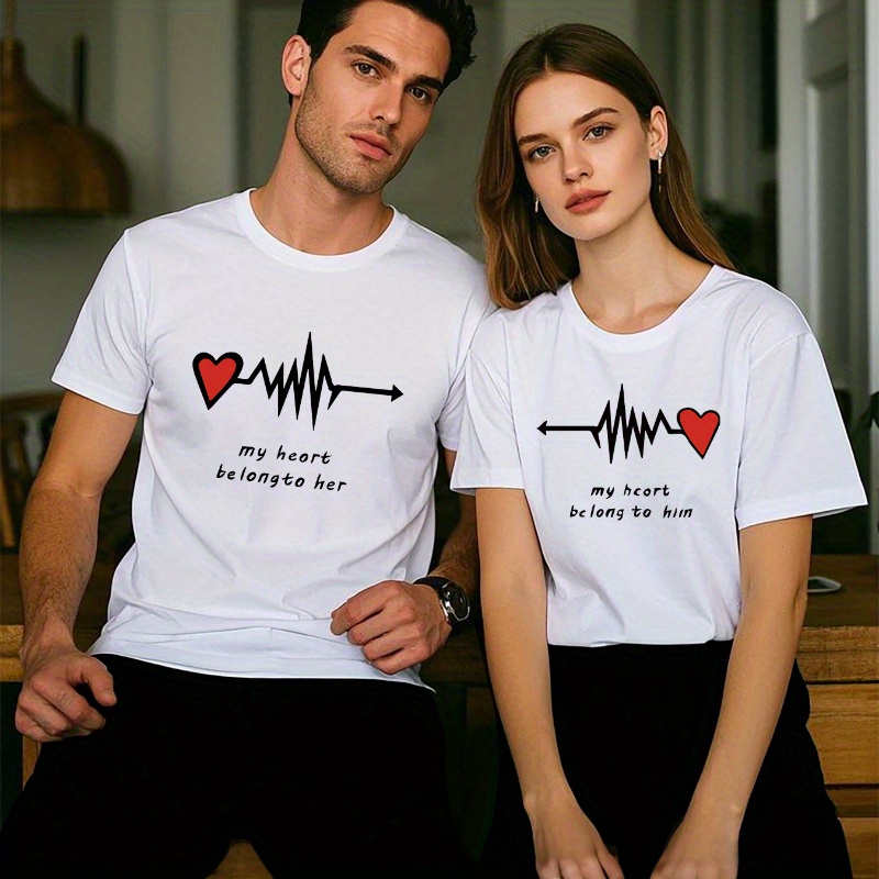 

Valentine's Day Couple Set Love Heartbeat Letter Simple Pattern Print Men's Casual Round Neck Short Sleeve Top