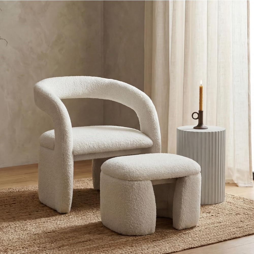 1pc Modern Accent Living Room Chair Set with One Ottoman, Upholstered Barrel Sherpa Lounge Side Chair, Comfy Side Reading Reclining Chair for Living Room, Bedroom, Apartment, Reading Room, Office