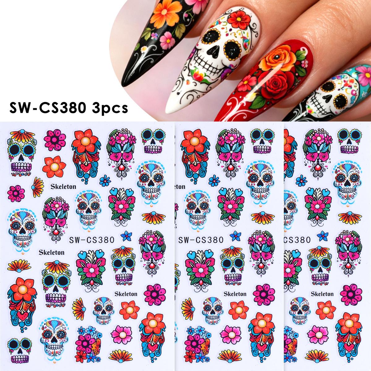 TEMU 3 Sheets Floral Nail Art Stickers Colorful Adhesive Decals Halloween Gothic Nail Art Manicure Supplies
