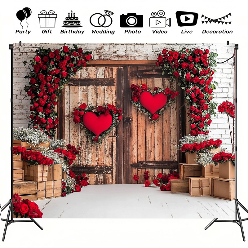 

Valentine's Day Polyester Photo Backdrop Banner With Brick Wall, Wooden Door & Red Roses - Indoor And Outdoor Party Decor, Holiday Parties, Home Decor & Studio Props