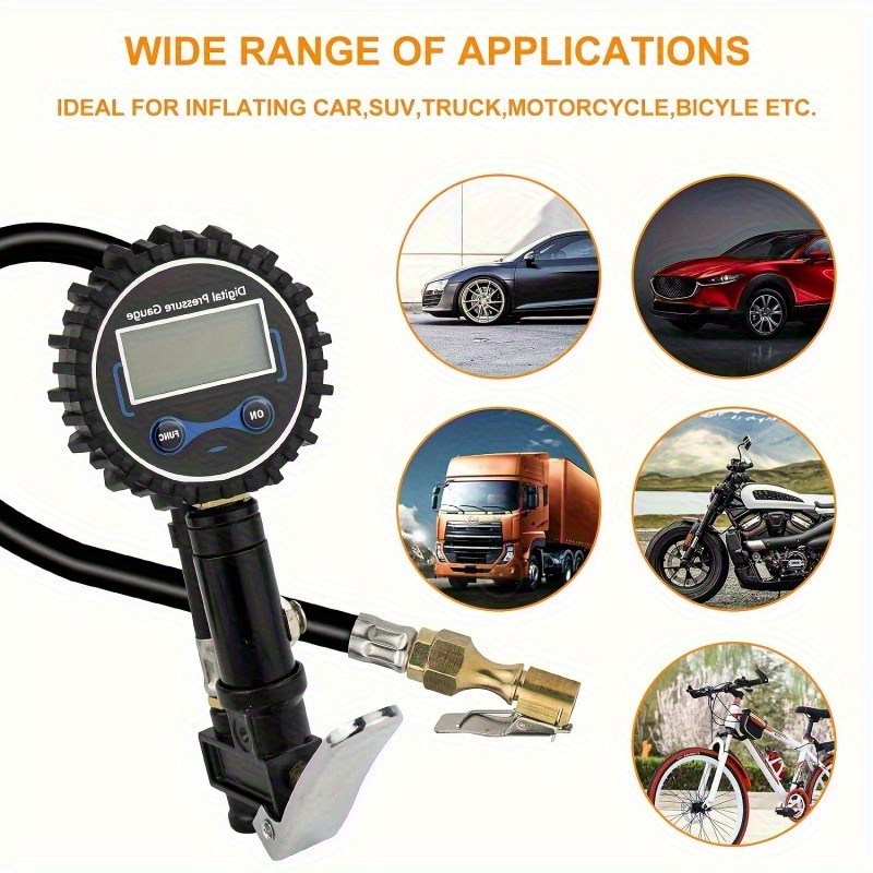 högprecisions däcktrycksmätare i aluminiumlegering, multifunktionell pump, bil / suv / lastbil / motorcykel / cykel, universal, inkluderar 3 munstyckshattar